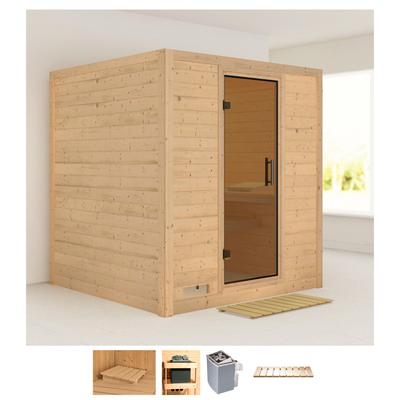 Sauna KARIBU "Menja", beige (naturbelassen), Saunaofen, integrierte Steuerung, 9 kW, Saunen, 9-kW-Ofen mit integrierter Steuerung