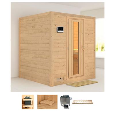 Sauna KARIBU "Menja", beige (naturbelassen), Saunaofen, externe Steuerung, 9 kW, Saunen, 9-kW-Ofen mit externer Steuerung