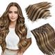 Ugeat 14 Inch Clip in Hair Extensions Human Hair #P4/27 Dark Brown Highlight with Caramel Blonde Hair Extensions Clip Straight Clip on Extensions Human Hair 8 Pieces, 105.0 grams, 100.0 gram