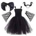 IBTOM CASTLE Maleficent Costume for Kids Girls, Evil Queen Fancy Dress Up Black Princess Tutu Dress Horns Headband Wings Child Magic Wizard Halloween Cosplay Masquerade Outfit Black（4pcs） 7-8 Years