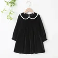 Robe Éducative à Manches sulfet Col Claudine pour Bébé Fille Velours en Dentelle Vert Noir