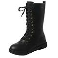 DADAWEN Girls Leather Winter Warm Lace-up Zipper Mid Calf Combat Riding Boots Black 3 UK