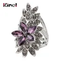 Kinel-Bagues fleur en cristal pour femme verre violet AAA bague de mariage en argent tibétain