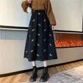 Jupe longue en velours côtelé pour femme vintage broderie florale taille haute femme automne
