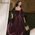 Robe mi-longue carrée en velours violet pour femme style français Hepburn robe élégante robe de