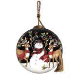 Snowman and Reindeer in Holiday Lights Hand Painted Mouth Blown Glass Ornament - 3"x 3" x 3"