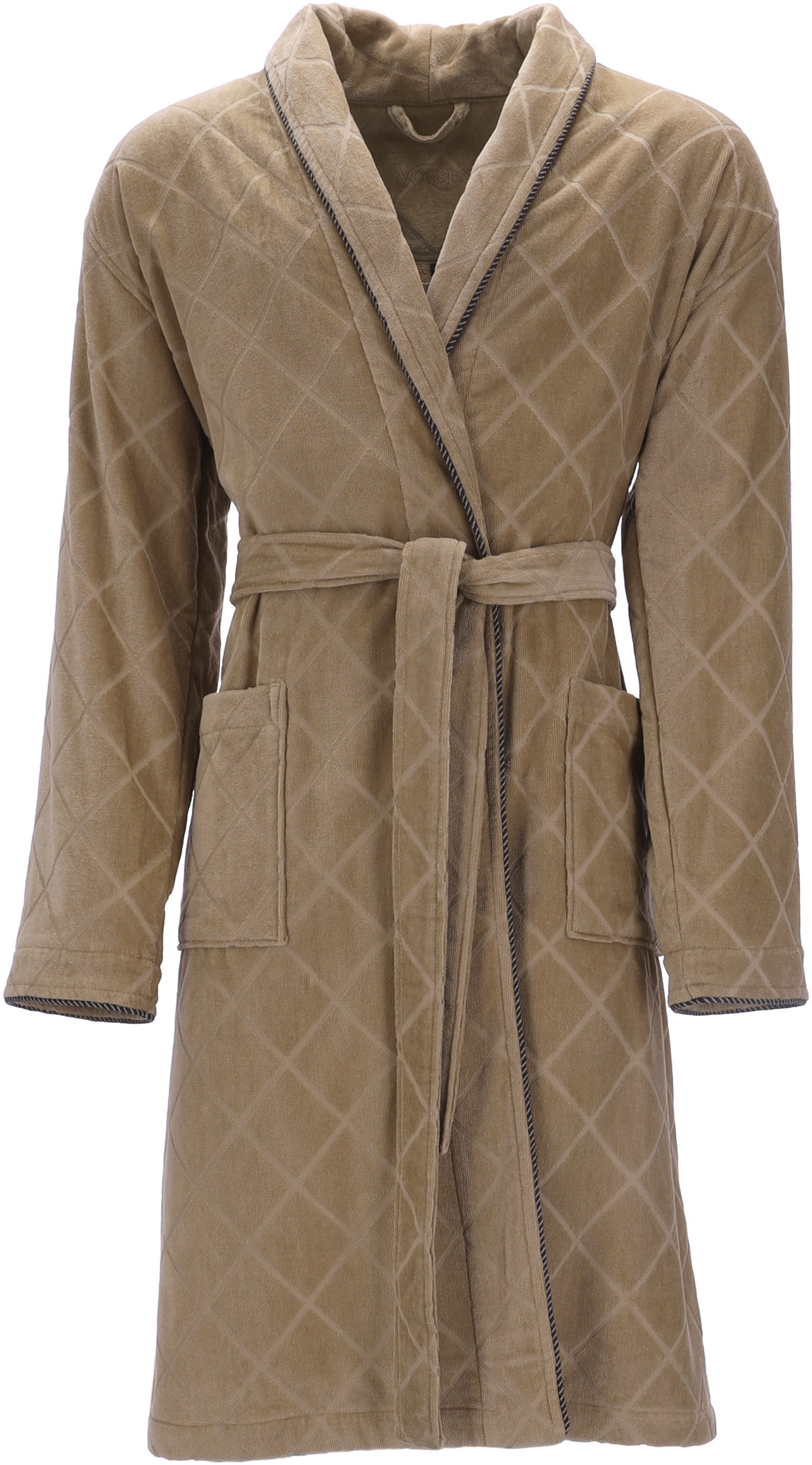 Herrenbademantel VOSSEN "Barron, ideal für Sauna & Spa, Hotelbademantel, Morgenmantel" Gr. M, braun (camel), L:120cm, Webvelours, Hausmäntel, mit Schalkragen, Rautendesign Image