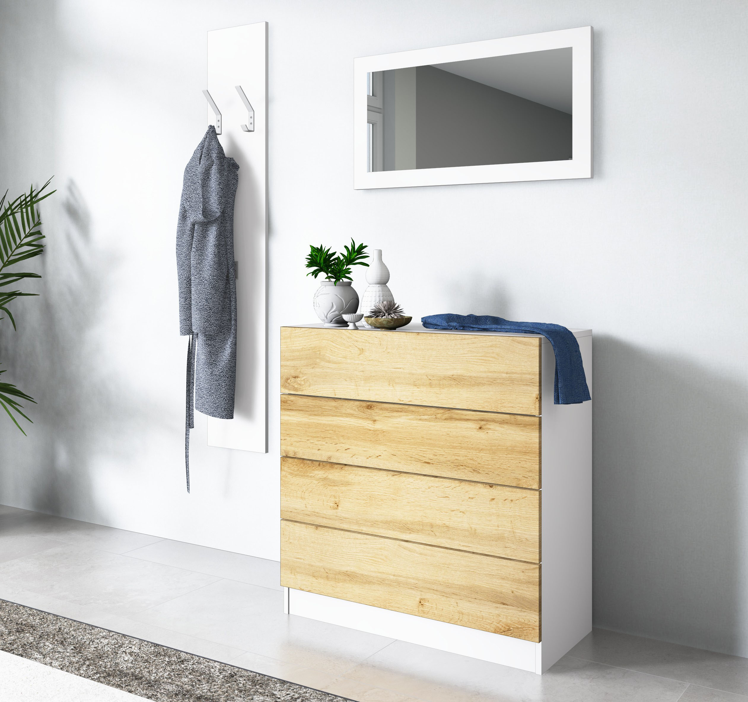 Garderoben-Set BORCHARDT MÖBEL "Vaasa 3", weiß (weiß matt, eichefarben wotan), Kastenmöbel-Sets, mit Push to Open-Funktion