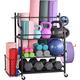 Mythinglogic Yoga Mat Storage Racks,Home Gym Storage Rack for Dumbbells Kettlebells Foam Roller, Yoga Strap and Resistance Bands, Workout Equipment Storage Organizer With Hooks and Wheels