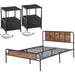 Mid century 3-Piece Rustic Brown Bed Frame and Charging Station USB Port Nightstands Set of 2