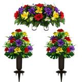 Sympathy Silks Artificial Cemetery Flowers Red Purple Yellow Orchid Mix 2 Bouquets & Saddle with Vases