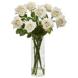 Nearly Natural Rose Artificial Flower Arrangement in Cylinder Vase Brown