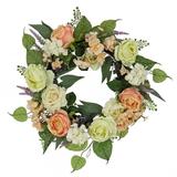 National Tree Company Artificial Spring Wreath Woven Branch Base Decorated with Rose and Peony Flower Blooms Leafy Greens Spring Collection 24 Inches