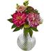 Nearly Natural Pink Peony and Mum Artificial Flowers in Glass Vase