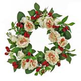 National Tree Company Artificial Spring Wreath Woven Branch Base Decorated with Peony Flowers Raspberries Leafy Greens Spring Collection 22 Inches