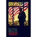 Vintage World War One poster of a man looking through a window as troops march past and an American flag waves. It reads Enlist On which side of the window are you? Poster Print