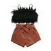 2 Pcs Summer Toddler Kids Solid Color Outfits Set Girls Cropped Fluffy Fur Camisole Belted Leather Shorts