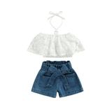 Toddlers Girls Summer Outfits Lace Halter Crop Top and Waist Belted Jeans Shorts