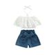 Toddlers Girls Summer Outfits Lace Halter Crop Top and Waist Belted Jeans Shorts
