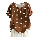 Women s Summer Cotton Linen Tshirt Trendy Vintage Floral Loose Fit Tunic Tees Short Sleeve Plus Size Crewneck Blouses