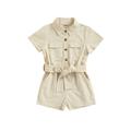 Toddler Baby Girl Summer Romper Short Sleeve Solid Buttons Down High Waist Shorts One Piece Bodysuit Jumpsuit Belt