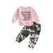 TheFound 2Pcs Toddler Baby Girl Fall Winter Clothes Letter Print Long Sleeve Sweatshirt Tops+Camouflage Pants Tracksuit