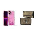 Case and Pouch Bundle for iPhone 14: Heavy Duty Armor Rugged Case (Pink Floating Hearts) and Rugged Denim Nylon Belt Holster (Tan Brown)