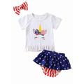 JYYYBF Independence Day Outfits Toddler Baby Girls 4th of July Short Sleeve Crew T-Shirt Star Stripe Triangle Pants Bow Headband Blue 3PCS 18-24 Months