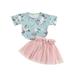 Canrulo Summer Toddler Baby Girls Lovely Clothes Floral Printed T Shirts Tops+Mesh Lace Tutu Skirts Sets Blue 12-18 Months