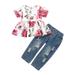 OLLUISNEO Infant Baby Girls Pants Outfits 6 Months Summer Pants Outfits 9 Months Floral Print Crew Neckline Short Sleeve Top Ripped Denim Pants 2 PCS Set