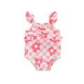 Binwwede Baby Girl One Piece Swimsuits Floral Plaid Print Fly Sleeve Jumpsuit Swimwear Beachwear Bathing Suit