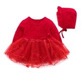 Baby Girl Dress Long Sleeves Lace Mesh Princess Tutu Wedding Party Ball Gown with Hat