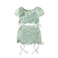 Calsunbaby 2Pcs Little Girls Tie-Up Straps Pleated Clothes Suit Short Puff Sleeve Crop Tops + Elastic Waist Skirt Light Green 18-24 Months