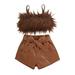 WakeUple 1-6Y Toddler Kids Girls Clothes Sets 2pcs Fluffy Fur Sleeveless Camisole Vest+PU Leather High Waist Shorts