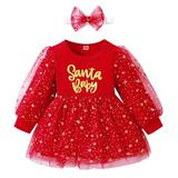 6M-4T Toddler Baby Girls Long Sleeve Santa Christmas Dress Tutu Tulle Party Princess Dress Xmas Wedding Formal Dresses