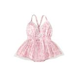 Genuiskids Newborn Baby Girl Bodysuit Sleeveless Floral Romper Dress Spaghetti Straps Backless Summer Tulle Tutu Princess Dress