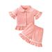 Canrulo Toddler Baby Girl Cotton Clothes Kids Ruffle Long Sleeve Peter Pan Collar Button Shirts Tops+Flare Pants Loungewear Orange Pink 3-4 Years