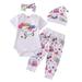 4Pcs Newborn Toddler Baby Girl Outfits Unicorn Bodysuit Top + Floral Pants Set with Hat Headband Infant Clothes 0-24M