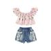 SUNSIOM 2-6Years Kid Girl Cartoon Rabbit Pattern Printed Off Shoulder Tops Elastic Denim Shorts