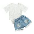 Mialoley Baby Girls Summer Breathable Round Collar Short Sleeve Hollow Lace Romper + Denim Shorts