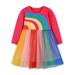 Kid Girls Rainbow Mesh Dresses Long Sleeve Round Neck Patchwork High Waist Casual Party Dress Princess