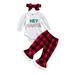 Sunisery 3Pcs Toddler Baby Girls Christmas Clothes Sets Long Sleeves Print Romper + Plaid Flare Pants + Headband