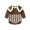 Baby Knitted Romper Long Sleeve Plaid Print Frill Trim Bodysuit