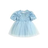 Canrulo Toddler Baby Girls Tulle Princess Dress Bowknot Sequins Backless Tutu Dress Short Sleeve Mesh Gowns Bubble Dress Blue 18-24 Months