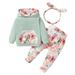 KIMI BEAR Newborn Girls Outfits 0 Months Newborn Girls Autumn Winter Outfits 3 Months Newborn Girls Sweet Floral Print Hooded Pocket Long Sleeve Hoodie + Pants + Headband 3PCs Set Green