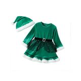 Baby Girl Christmas Outfits Plush Trim Belted Dress + Santa Hat Set