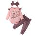 NZRVAWS Baby Girls Winter Outfits 3 Months Baby Girls Letter Print 6 Months Baby Girls Ruffle Sleeve Romper Top Leopard Print Pants Headband 3Pcs Winter Clothes Set Pink