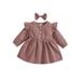 Eyicmarn Baby Girl Solid Color Dress Long Sleeves Round Neck Cotton Dress Bow Headband Birthday Gifts