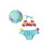 Frobukio Infant Girls 3Pcs Bathing Suit Flower Halter Neck Swimming Tops + Bottoms + Sun Protection Cap Swimsuit Blue 18-24 Months