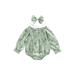 2 PCS Baby Girls Fall Romper Long Sleeve Off-shoulder Pleated Flower Print Romper with Hairband